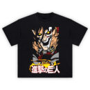 Attack on Titan Graphic Tee front graphic showing a split titan face with glowing yellow eyes, flame accents, and large Japanese “進撃の巨人” title text on a black tee.