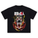 Attack on Titan Titan Scream Tee graphic showing Japanese title text with a red slash, a screaming titan face with glowing yellow eyes, and yellow lightning on a black tee.