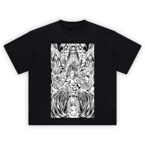 Paths Founding Titan Shirt with skeletal titan above, central figure, floating skulls, and calm girl below in black-and-white