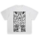 Paths Founding Titan Shirt with skeletal titan above, central figure, floating skulls, and calm girl below in black-and-white