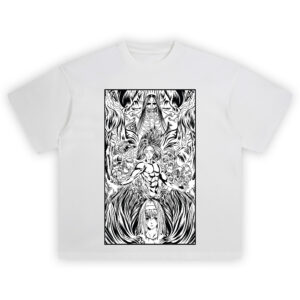 Paths Founding Titan Shirt with skeletal titan above, central figure, floating skulls, and calm girl below in black-and-white
