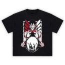 Eren Titan Wings Shirt with dual Titan faces, red-and-white winged crest, and white square frame