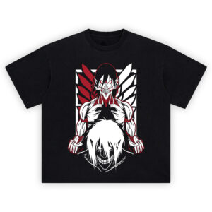 Eren Titan Wings Shirt with dual Titan faces, red-and-white winged crest, and white square frame
