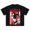Levi Ackerman Red Panel Shirt with red striped backdrop, SHINGEKI NO KYOJIN header, and ODM gear action pose
