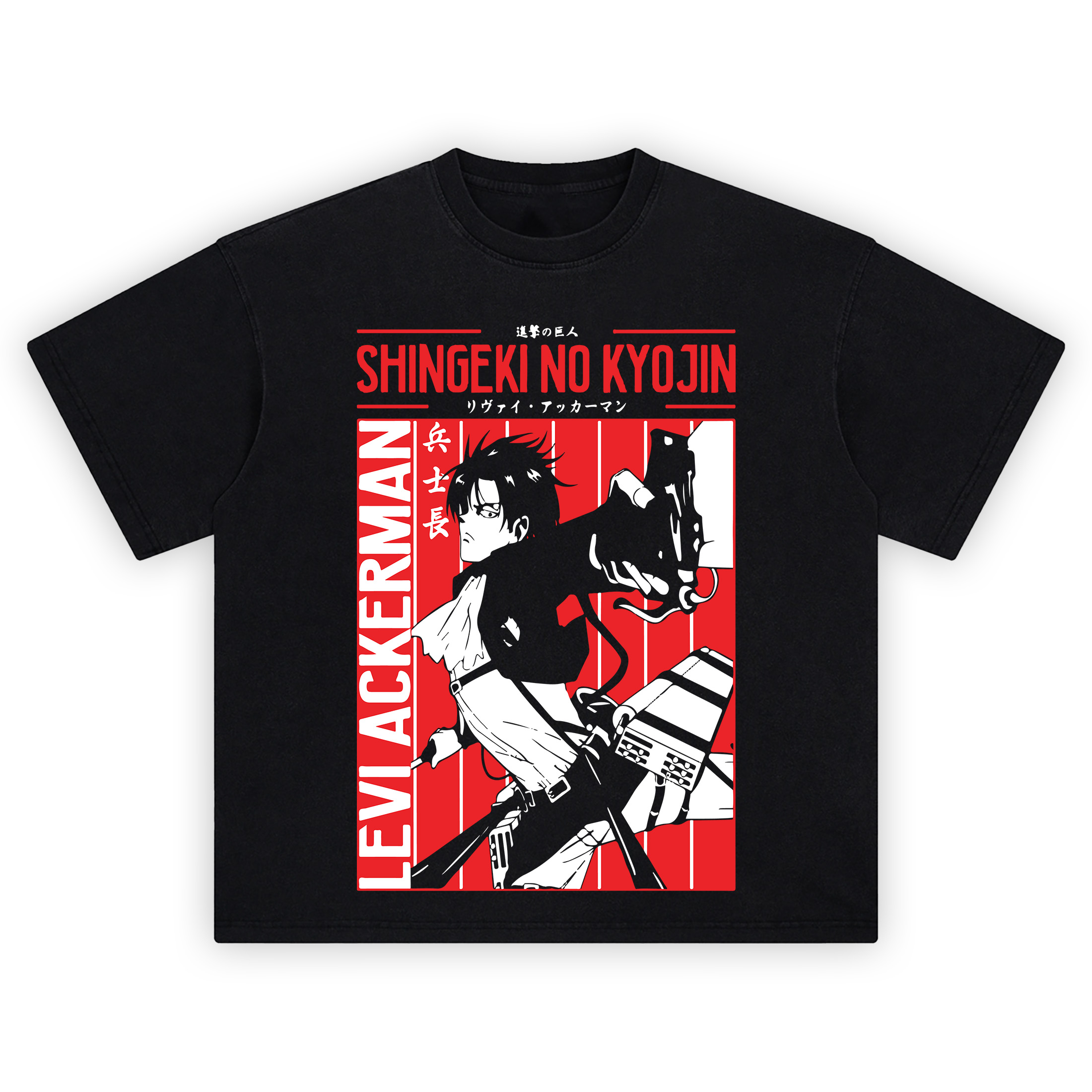 Levi Ackerman Red Panel Shirt with red striped backdrop, SHINGEKI NO KYOJIN header, and ODM gear action pose