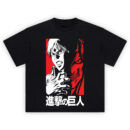 Eren Transformation Split Shirt with human vs red Titan halves, clawed hand, and large white kanji