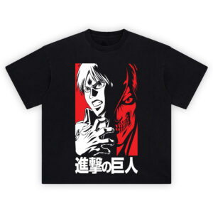 Eren Transformation Split Shirt with human vs red Titan halves, clawed hand, and large white kanji