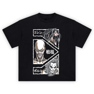 Titan Trio Panel Shirt with Eren, War Hammer, and Porco in jagged manga panels and Japanese text