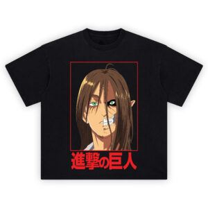 Eren Titan Split Shirt with red frame, half human half Titan face, green eyes, and large red kanji