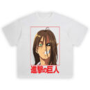 Eren Titan Split Shirt with red frame, half human half Titan face, green eyes, and large red kanji