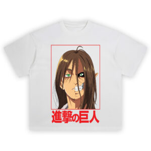Eren Titan Split Shirt with red frame, half human half Titan face, green eyes, and large red kanji