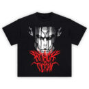 Founding Titan Metal Logo Shirt with monochrome face, ink drips, and red spiked “ATTACK ON TITAN” lettering