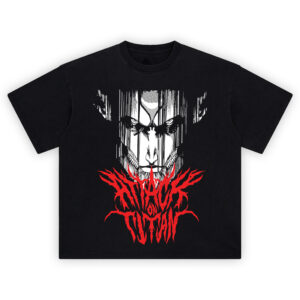 Founding Titan Metal Logo Shirt with monochrome face, ink drips, and red spiked “ATTACK ON TITAN” lettering
