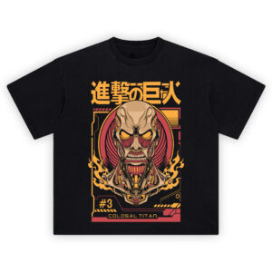Colossal Titan Tech Badge Shirt with kanji header, flaming emblem, #3 plate, and tech-frame details