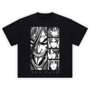 Eren Panel Titan Shirt with giant titan face left, four Eren portraits right, and Japanese name bar