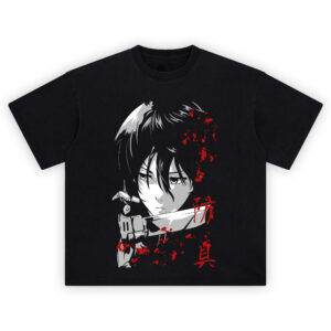Crimson Scout Blade Shirt – Grayscale Portrait with Blood Splat Kanji