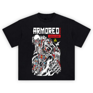 Armored Titan Mecha Shirt with robotic armored titan, “ARMORED” header, MECHA CORP tag, and radiation symbol