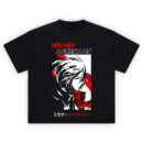 Mikasa Red Scarf Shirt with black-and-white portrait, red scarf, top title, and katakana bar