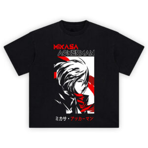 Mikasa Red Scarf Shirt with black-and-white portrait, red scarf, top title, and katakana bar