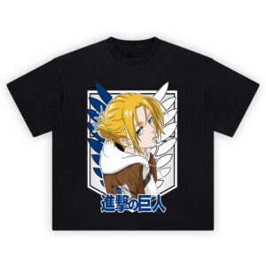 Annie Leonhart Shirt with hooded brown jacket, blue-and-white Wings of Freedom crest, and blue kanji title