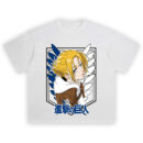 Annie Leonhart Shirt with hooded brown jacket, blue-and-white Wings of Freedom crest, and blue kanji title