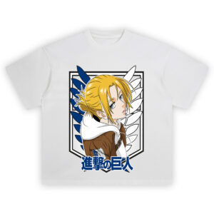 Annie Leonhart Shirt with hooded brown jacket, blue-and-white Wings of Freedom crest, and blue kanji title