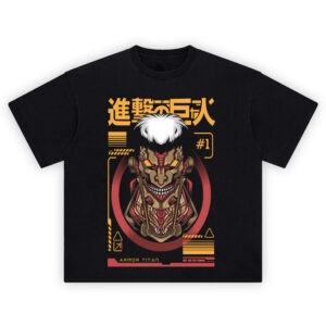 Armored Titan Attack on Titan Tech Design T Shirt with futuristic cyber-style face and muscle detailing