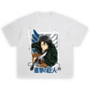 Levi Ackerman Attack on Titan Wings of Freedom T Shirt featuring Levi in battle stance with swords and cape