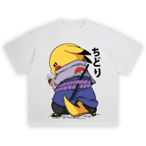 Pikachu Sasuke Chidori Crossover T Shirt with Pikachu in Uchiha outfit charging Chidori attack