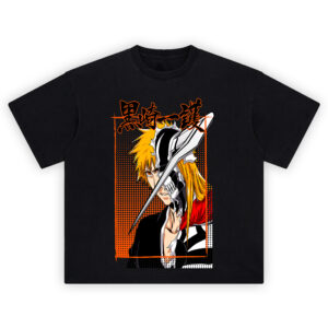 Bleach Ichigo Hollow Mask Split T Shirt featuring Ichigo Kurosaki and his Hollow form with orange and black comic-style artwork