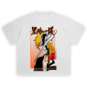Bleach Ichigo Hollow Mask Split T Shirt featuring Ichigo Kurosaki and his Hollow form with orange and black comic-style artwork