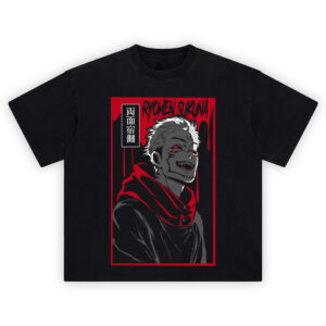 Ryomen Sukuna Cursed King T Shirt with dark red and black graphic of Sukuna from Jujutsu Kaisen