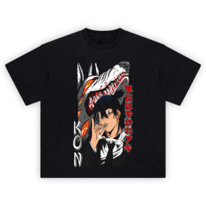 Kishibe & Kon Devil Contract T Shirt with intense graphic of Kon and Kishibe from Chainsaw Man