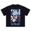 Gojo Satoru Infinity Domain T Shirt with blindfolded Gojo, blue cursed energy, and Japanese kanji