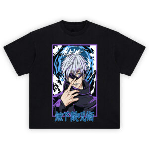 Gojo Satoru Infinity Domain T Shirt with blindfolded Gojo, blue cursed energy, and Japanese kanji
