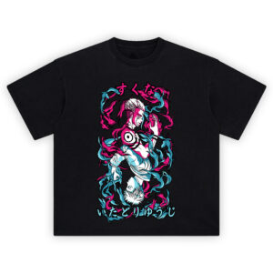 Sukuna vs Itadori shirt with neon magenta and cyan flames and Japanese text