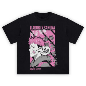 Itadori x Sukuna shirt featuring Yuji profile, pink panels, speech bubble, and Japanese text