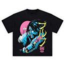 vampire hunter neon shirt with pink moon, yellow sigils, and cross weapon