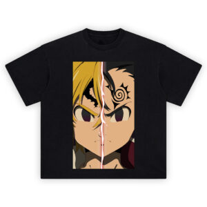 Meliodas Dual Demon Mode T Shirt with split-face design showing both demon forms from The Seven Deadly Sins