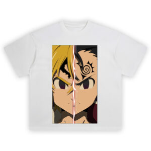 Meliodas Dual Demon Mode T Shirt with split-face design showing both demon forms from The Seven Deadly Sins