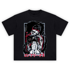 Gon Freecss shirt with crouched Gon and looming shadow beast in manga style