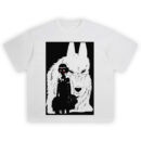 Princess Mononoke Wolf Shirt with shadowed warrior and giant wolf, red face marks