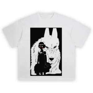 Princess Mononoke Wolf Shirt with shadowed warrior and giant wolf, red face marks