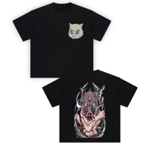 Inosuke Graphic Tee – Demon Slayer Dual Blade Artwork showing the boar mask chest emblem and large sword-wielding character graphic on the back.