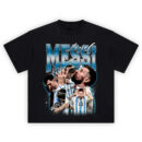 Lionel Messi Shirt with sky-blue portraits, trophy kiss, celebration pose, frosted name lettering