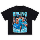 Erling Haaland Shirt featuring blue kit collage, icy chrome name lettering, and white lightning effects