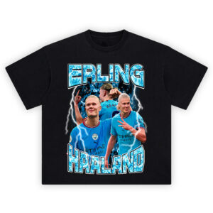 Erling Haaland Shirt featuring blue kit collage, icy chrome name lettering, and white lightning effects