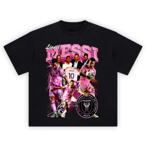 Inter Miami Lionel Messi shirt collage with pink kit, lightning, crest, and signature