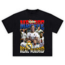 Kylian Mbappé Real Madrid shirt collage with crest, stadium background, and bold name text