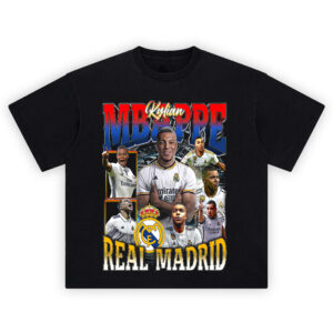 Kylian Mbappé Real Madrid shirt collage with crest, stadium background, and bold name text
